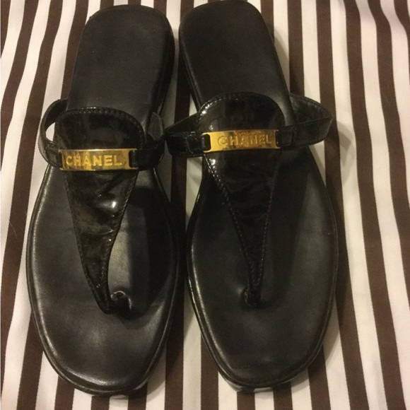 CHANEL Black Sandals with Gold Logo Nameplate - Picture 1 of 2